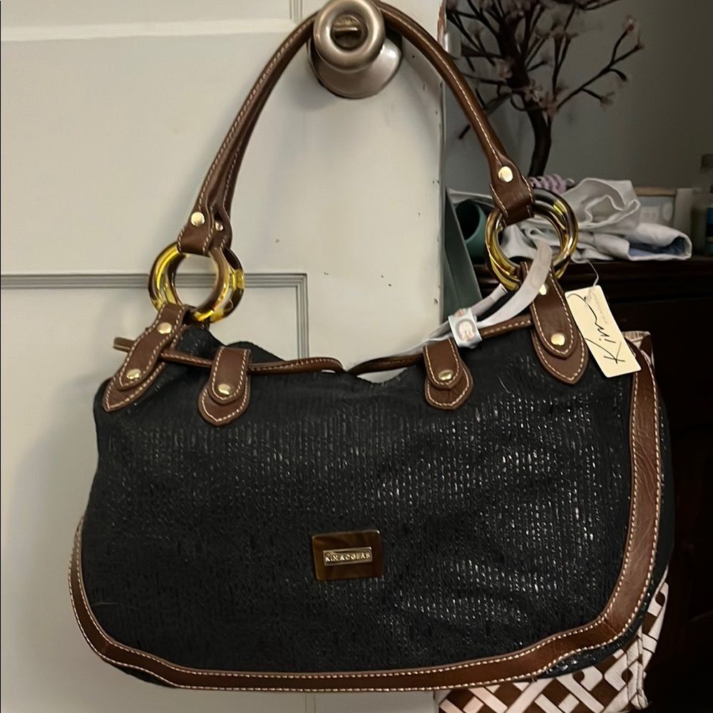 Kim Rogers Black and Brown Shoulder Bag with Leather Trim
